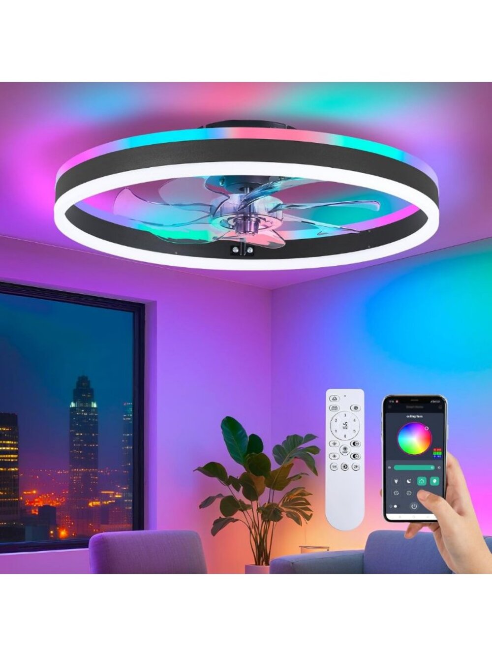 Stylish Low Profile RGB Ceiling Fan with Light - Modern Black Design for Home